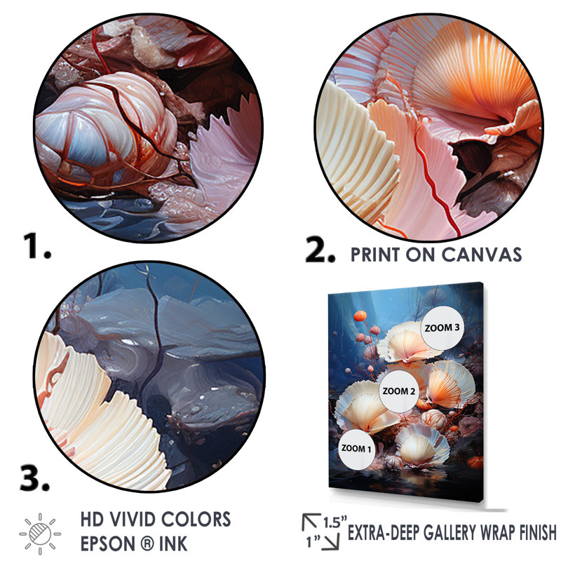Underwater Dreams Aquatic Clam - Art mural de salon palourdes, H 44 po x l 34 po x P 1,5 po, Cadre simple blanc