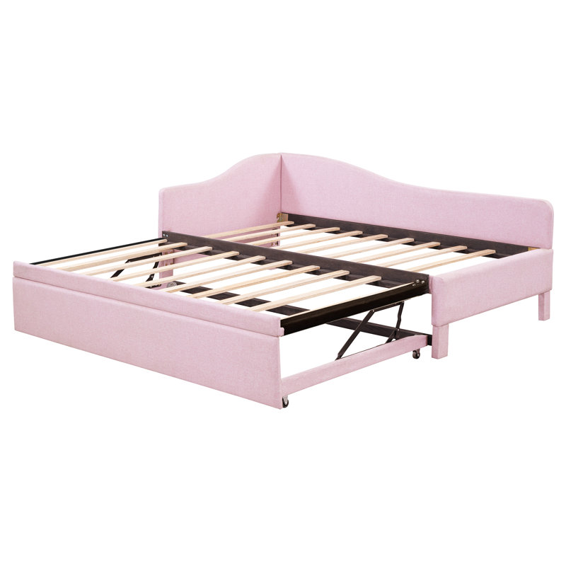 Twin Size Upholstered L-Shaped Upholstered Daybed With Pop Up Trundle, Pink, Pink