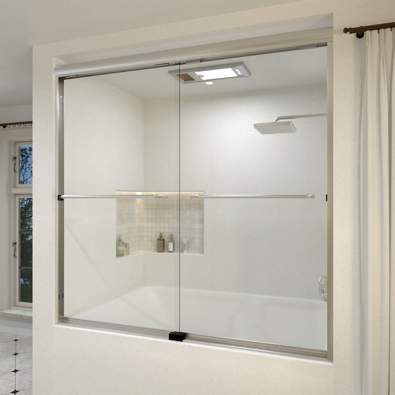 Linear 60 In. W X 56 In. H Sliding Framed Bath Tub Door And Transparent Glass in Brushedn Nickel, Brushed Nickel