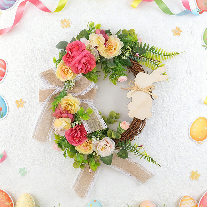 Couronne de lapin de Pâques en forme de lapin en forme de fleur artificielle avec fleurs colorées et nœud d'arc pour porte d'entrée