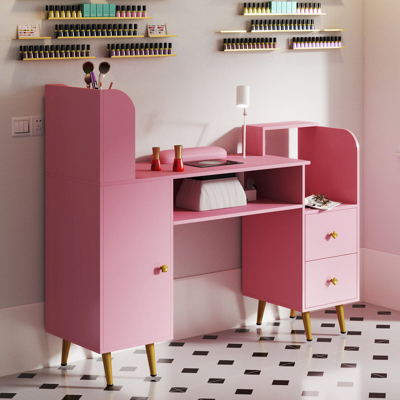 Table à ongles rose avec 2 tiroirs et ports USB, table de manucure en bois avec collecteur de poussière et tablettes de rangement ouvertes