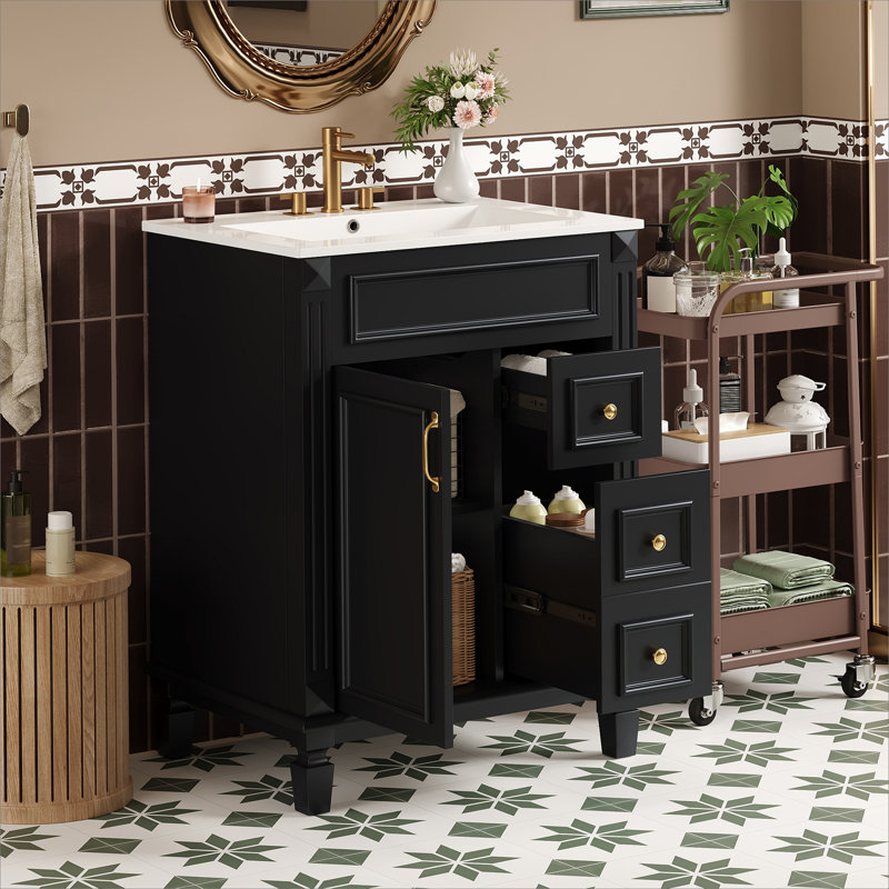 Meuble-lavabo 24 po avec lavabo en céramique, petite armoire de salle de bain moderne, 2 tiroirs et tablette réglable, Noir