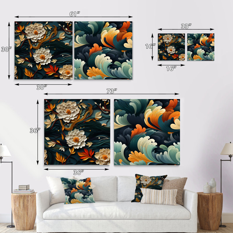 Blanc et bleu sarcelle Mindful Floral Beauty Zen - ensemble d'art mural en acrylique sur verre Floral, H 16 po x l 33 po