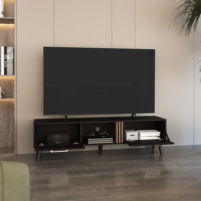 Meuble télé 63 po avec deux armoires escamotables et un rangement soigné - support en chêne noir, pour salon Media Collection