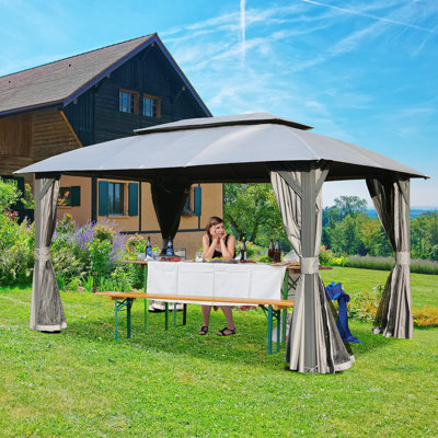 Pavillon de jardin extérieur 10 pi x 14 pi - gris Conception à double toit, protection. Structure en métal. Tissu. Accueille 6 à 8 personnes. Tente arrière de jardin 10 pi x 14 pi Toit,. Patio,