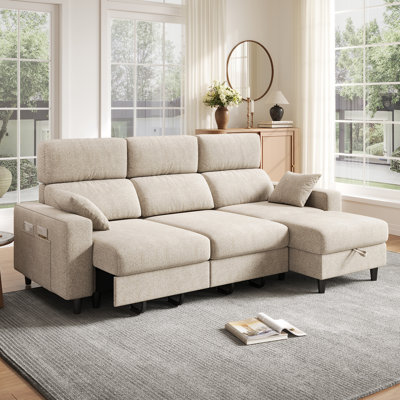 99'' Chenille Manual Reclining Sectional Sofa with Chaise, Modular Sofa With Storage, 33'' Seat Depth, Adjustable Headrest, Pull Out Sleeper Sofa Couch For Home Theater, Living Room, Apartment, Comfy Beige Chenille Fabric