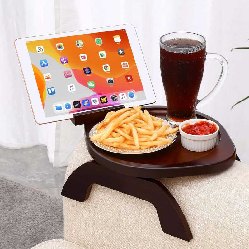 Couch Arm Table,Large Bamboo Sofa Clip On Tray Tables With 360° Phone Holder,Foldable Couch Armrest Table, Folding Snack Eating Drink On Armrest