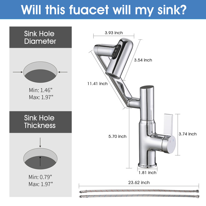 Cerypsa Rotatable Bathroom Faucet 360 Degrees Smart Digital Display Hot And Cold, Chrome