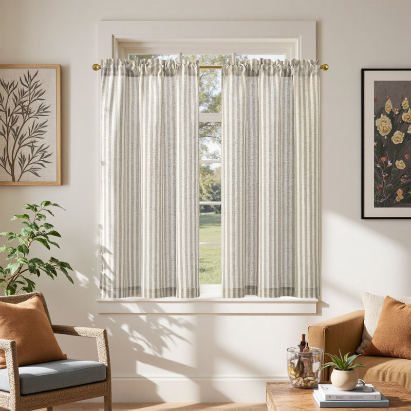 Rideaux en lin filtrant la lumière avec passe-tringle, L 26 po x L 45 po, Gris/beige