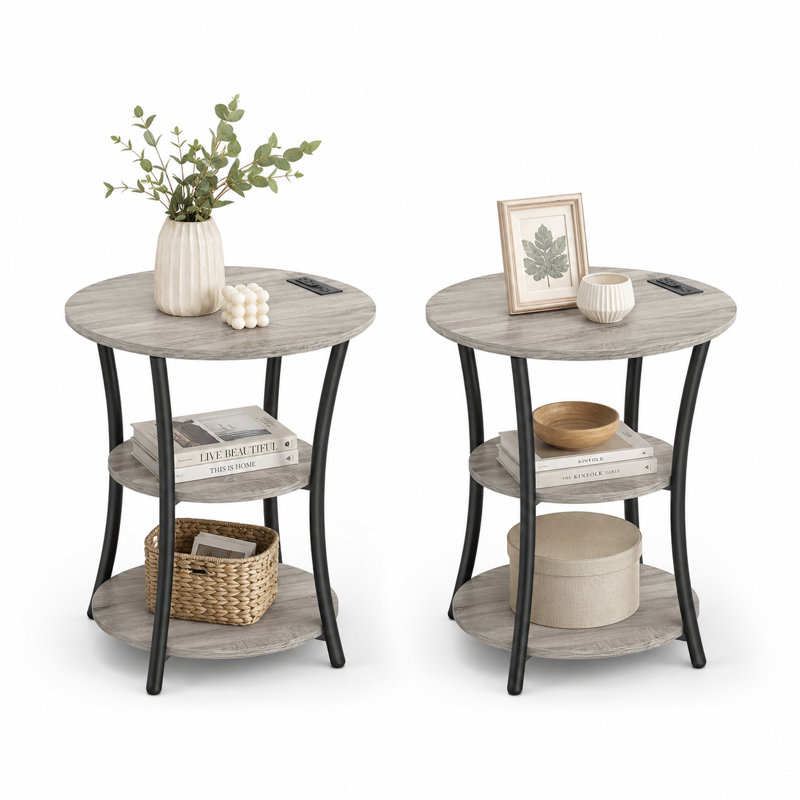 Ensemble de tables de bout rondes 2 pièces avec ports de charge USB, Gris délavé
