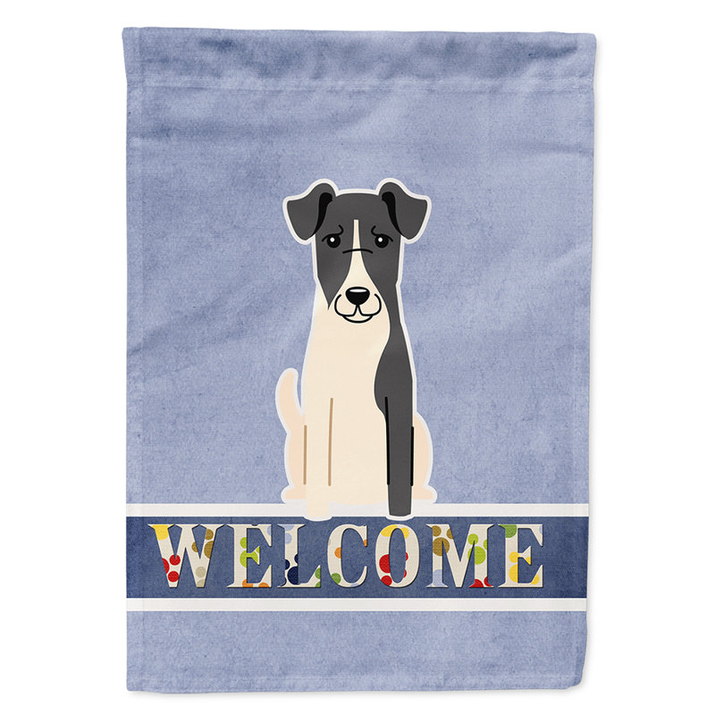 Polyester 2 côtés 40 x 28 po welcome drapeau maison, Fox-terrier à poil lisse noir assis