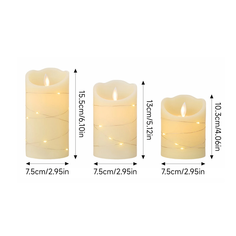 3Pcs LED Flameless Candles with String Lights and Remote Control