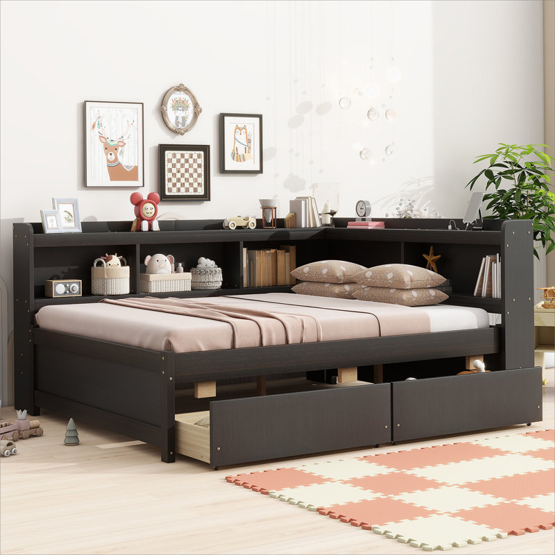 Lit double pleine grandeur en forme de L avec prises de courant, ports de chargement USB, deux tiroirs, espresso