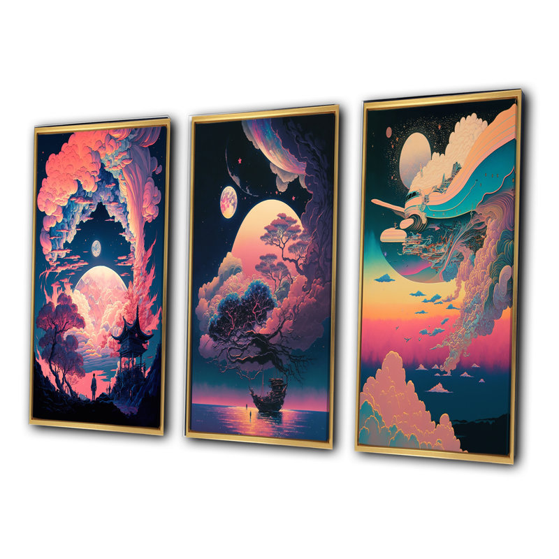 «Magic Mythical Visions Of Antique Legends V», 3 pièces sur toile, Cadre flottant doré, H 48 po x l 32 po