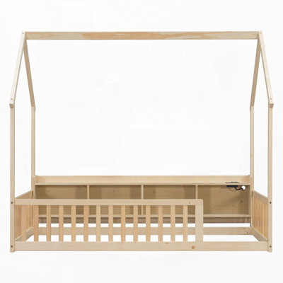 Lit simple au sol avec tablettes de rangement, lumières à DEL intégrées et station de charge, lit en bois de pin avec garde-corps de sécurité