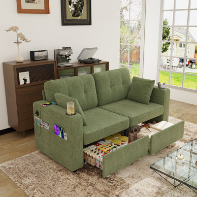Modern Chenille Sofa With USB Charging Ports, Built-In Storage Chaise And Cup Holder, Wood Frame, Easy Assembly, High-Density Foam Cushions For Ultimate Comfort.