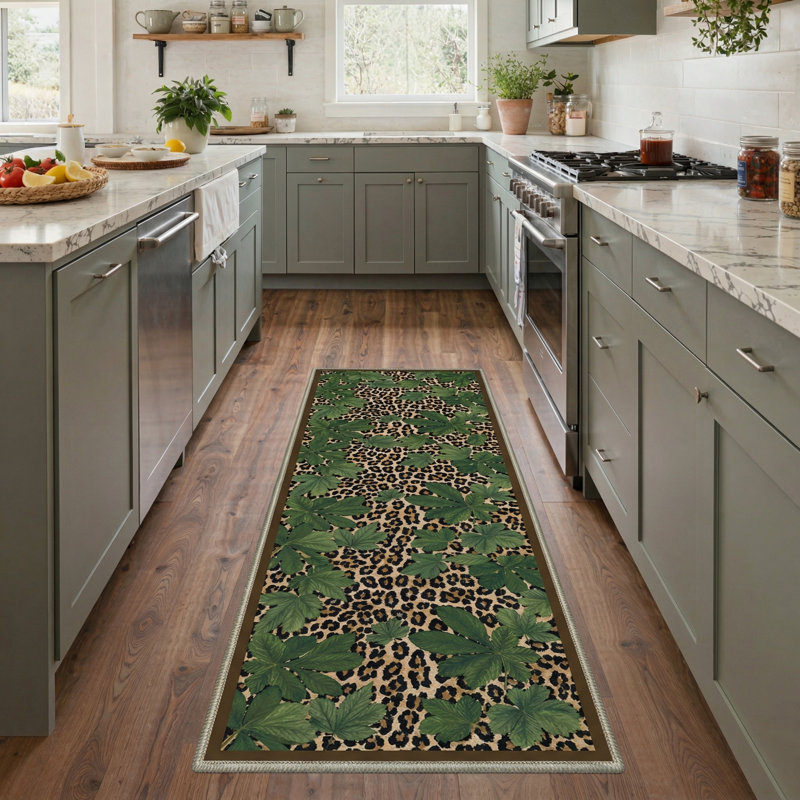 Alissa Lushmark Animal Print Leopard Foliage Machine Washable Green / Black / Beige Indoor Area Rug with Non-Slip Backing