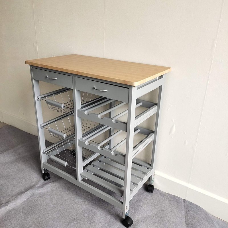 Kitchen Island Cart With Drawers, Lockable Wheels - Rolling Serving Utility Trolley - Mobile Countertop Open Shelf Storage Cabinet Basket For Dining Room, Coffee Bar (Grey)