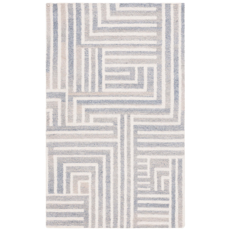 Nedin Hand Tufted Pet Yarn/Wool/Cotton Striped Rug in Blue/Ivory, Rectangle 3' x 5'