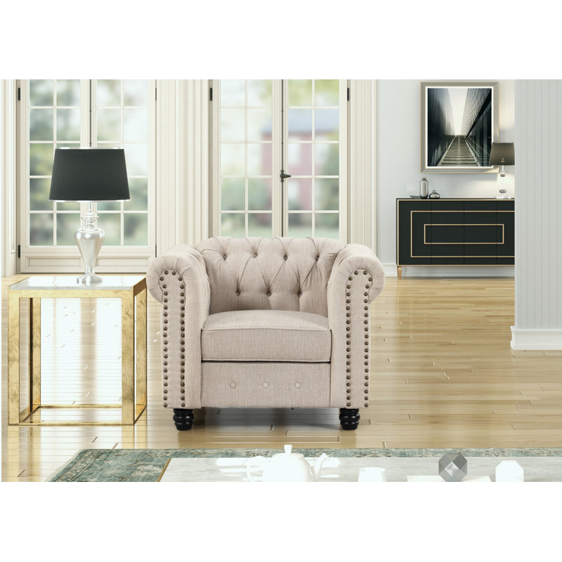 Ensemble de salon capitonné 3 pièces Anavi, Beige, 100 % lin