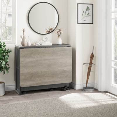 Ensemble de table de salle à manger pliable peu encombrant - abattant extensible, supports de rangement à 2 niveaux, 6 roulettes - armoire moderne à rabat gris et fer gris - Mobilier de cuisine et de salle à manger