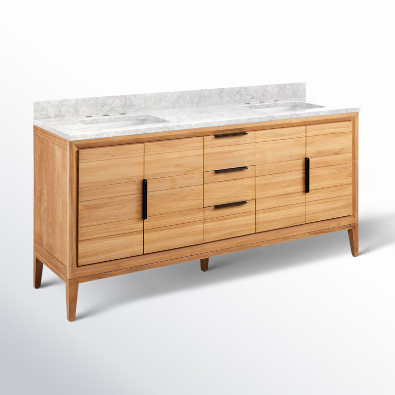 Aliso 72" Double Bathroom Vanity, Carrara Marble, 8" Widespread, Natural Teak