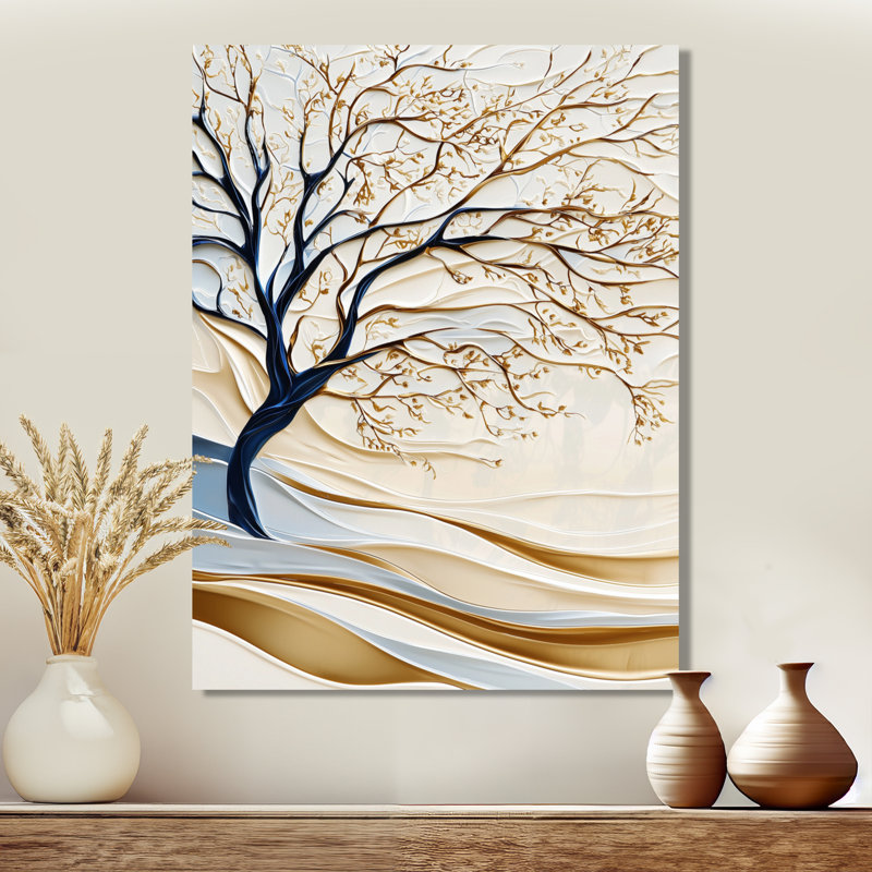 Arbre d'hiver beige avec vent Gloden II - paysages, art mural en métal, impression sur métal, H 20 po x l 12 po x P 0,84 po