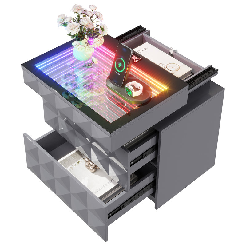 2-Drawer Nightstand with Adjustable RGB Light and Human Body Detection,Fashionable Mirror Visual Design Bedside Table with Charging Station