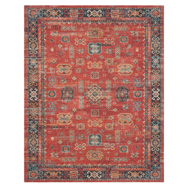 Tapis oriental rouge en polyester tissé à la machine Mombasa, Rectangle 8 pi x 10 pi