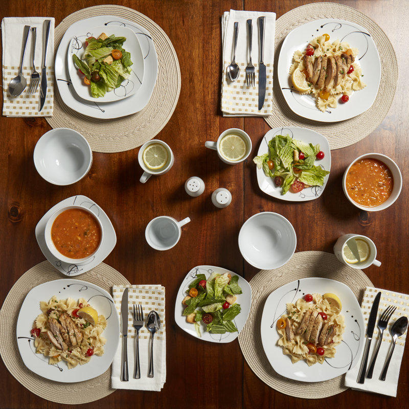 Pescara White Porcelain Square Dinnerware Set, Service for 4