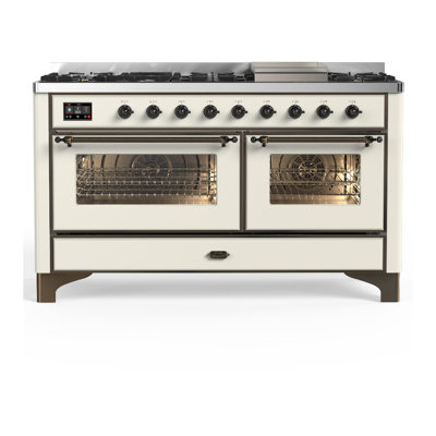 Cuisinière à double combustible 60 pouces avec 7 brûleurs scellés et plaque chauffante Majestic III Series en blanc antique (propane liquide, garniture brunie)