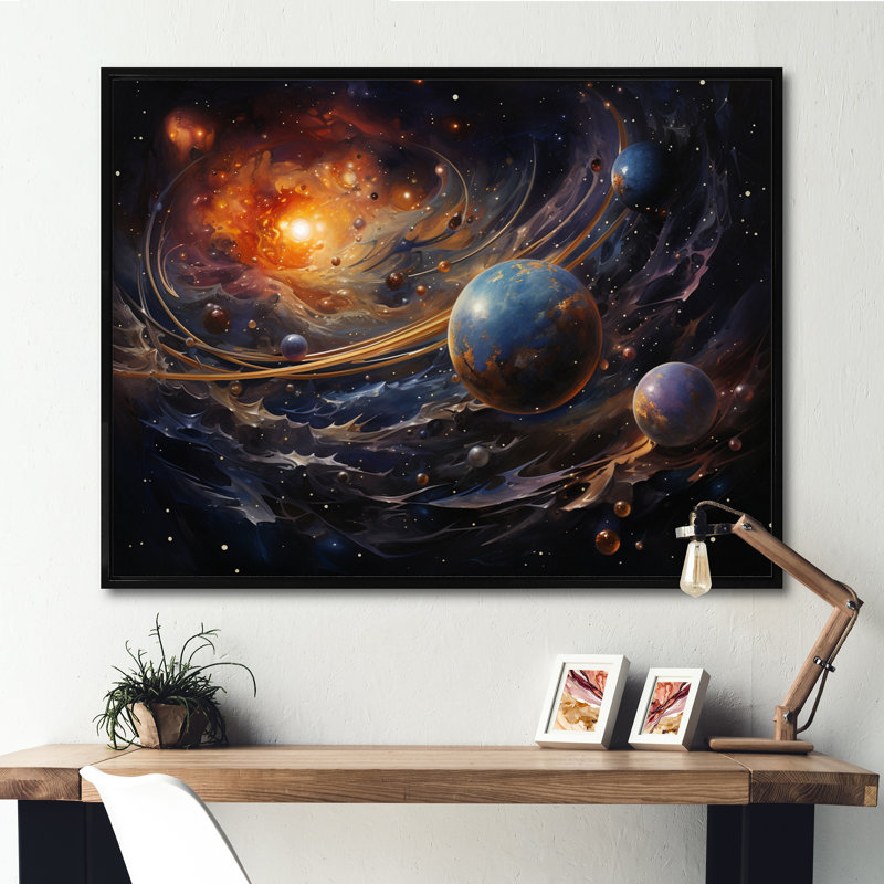 «Météores comètes», reproduction sur toile, H 30 po x l 40 po x P 1,5 po, Cadre flottant noir