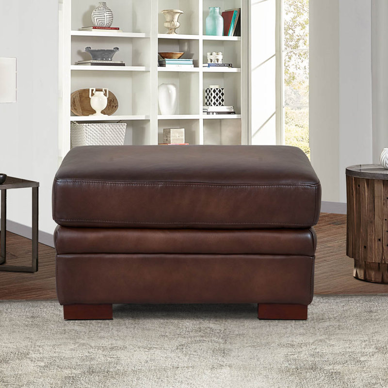 Caramel Brown Leather Ottoman with Solid Wood Legs