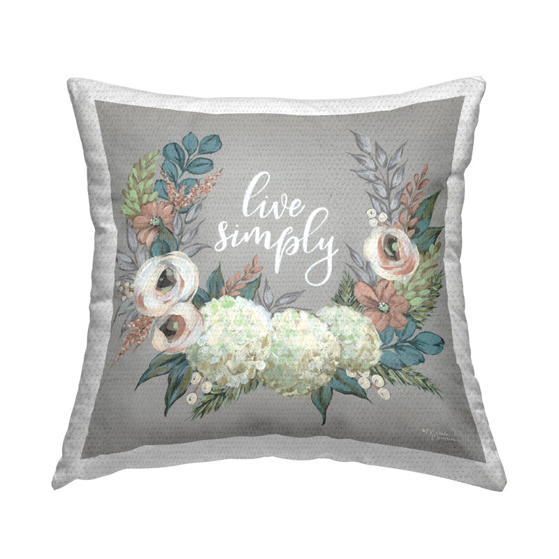 Coussin d'extérieur imprimé Live Live Blooming Floral Wreath Sentiment par Michele Norman