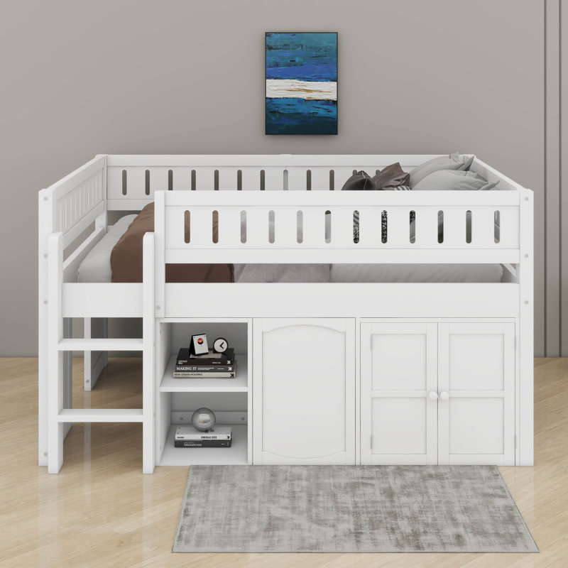 Lit mezzanine double avec armoire de rangement et tableau noir, Blanc