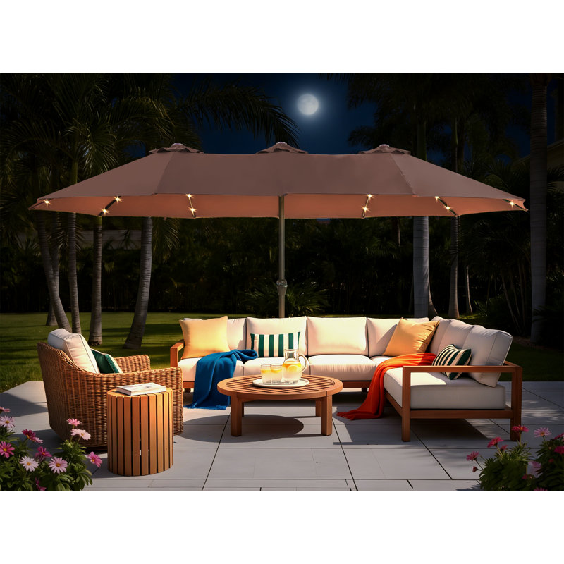 Grand parasol de patio 15 pi avec base et lumières brun, Brun