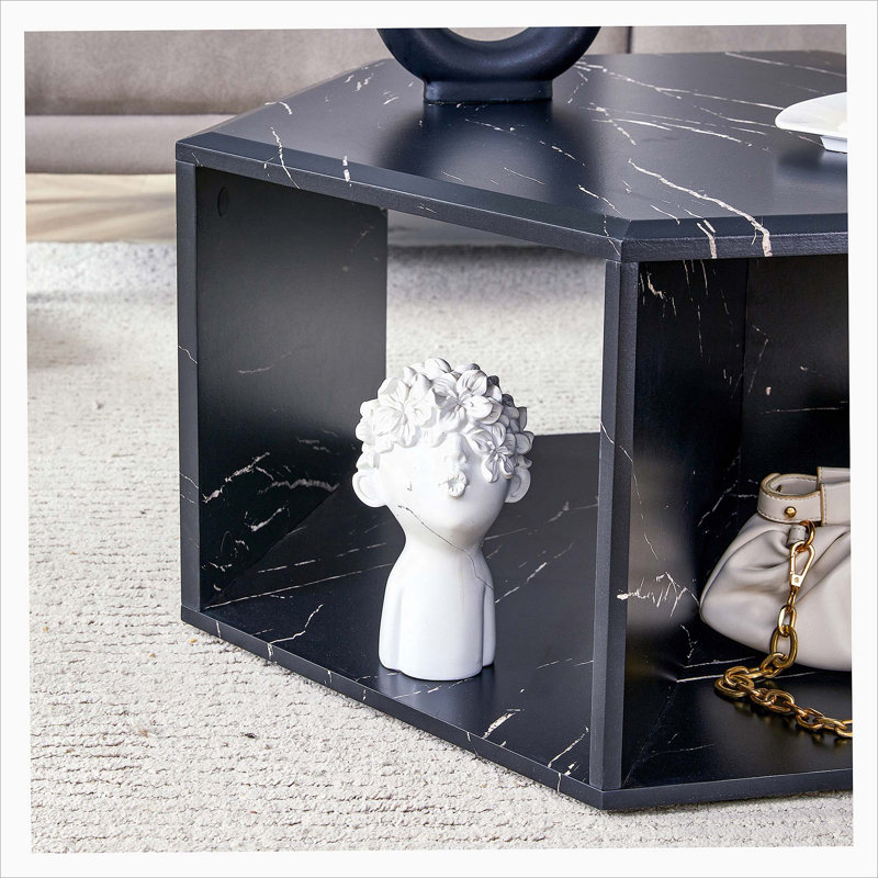 Minimalist white patterns hexagonal Coffee Table Set.Hexagonal MDF coffee table, Black