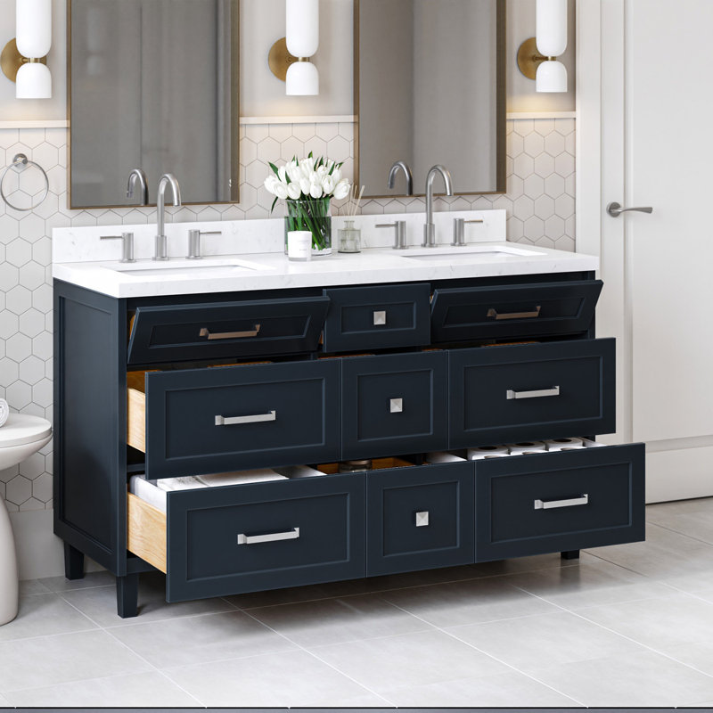 Ariel Monroe 60 Inch Double Rectangular Sink Bathroom Vanity With Carrara White Quartz Countertop, Midnight Blue