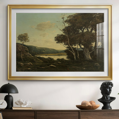 River Landscape with Large Trees-Henri Harpignies-Framed Print with Mat and glass-1898