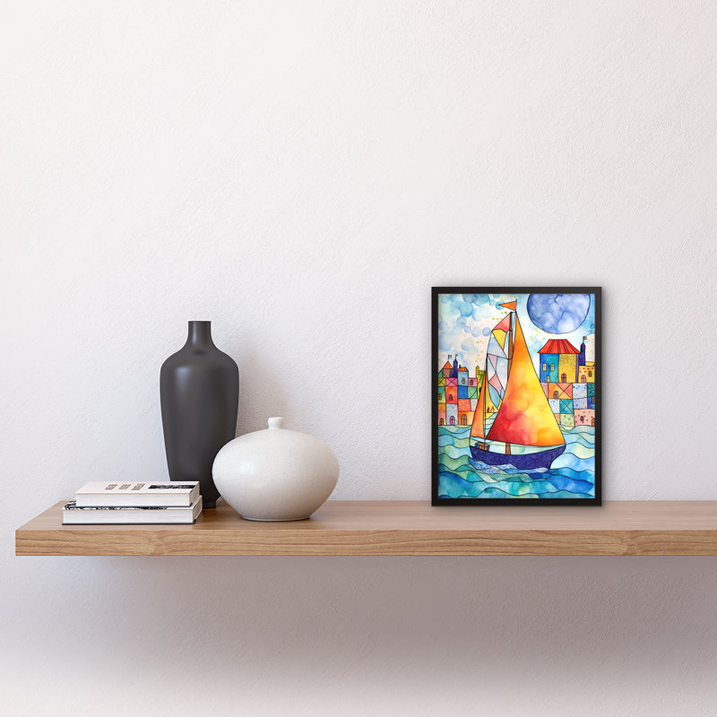 Sailboat By Harbour Folk Art Artwork Framed Wall Art Print 9X7 Inch