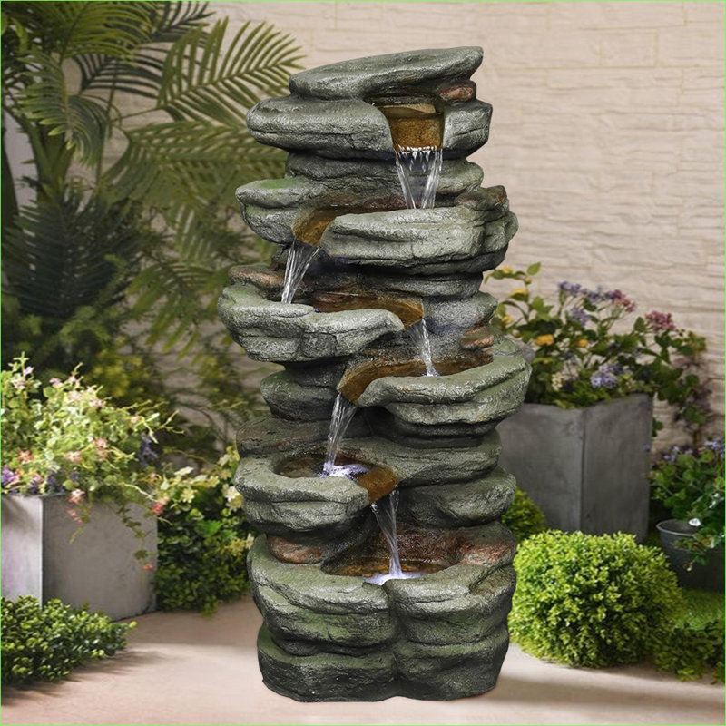 Fountains 30.7" 6-Tier Rock Waterfall Fountain with LED Lights, for Patio Garden Indoor Outdoor | Resin | Rock