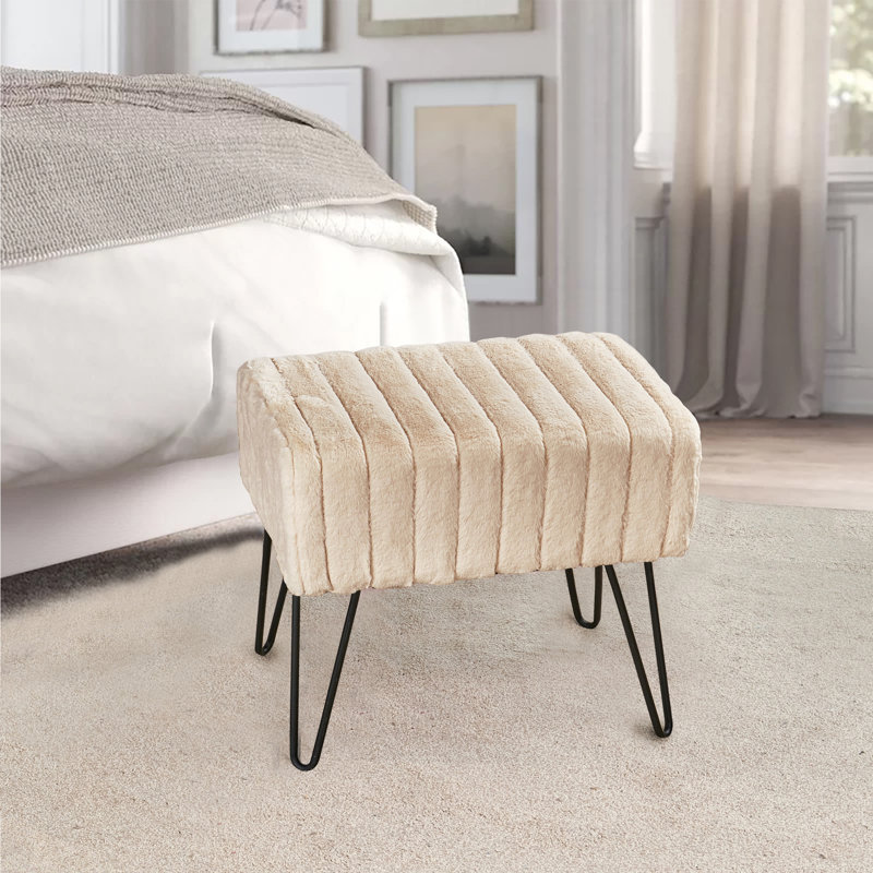 Defranco Upholstered Ottoman, Bleached Sand Faux Fur