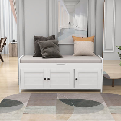 Banc de rangement avec 3 portes en forme de volet, banc à chaussures avec coussin amovible et espace de rangement caché