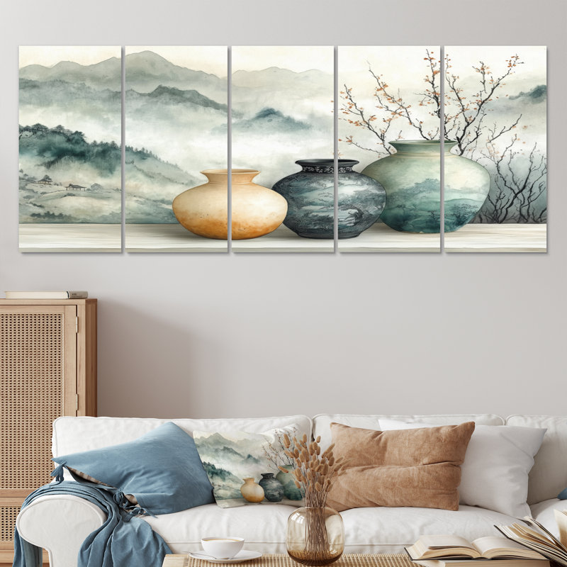 «Blue China and Blue China Pottery Serenity II - Boho Pottery», ensemble d'art mural, H 32 po x l 80 po