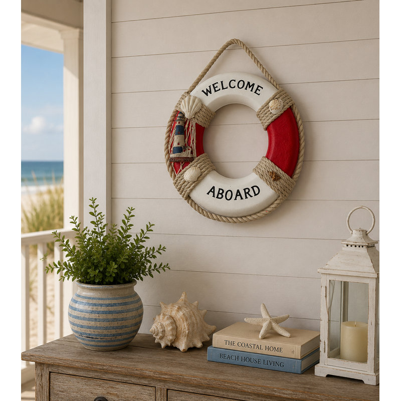 Welcome Aboard Life Ring With Nautical Items Wall Decor
