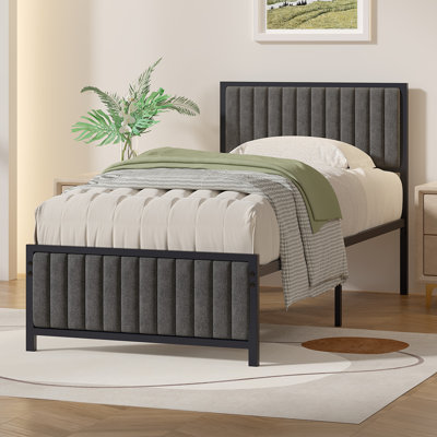 Metal Platform Bed Frame With Upholstered Headboard And Footboard, Heavy Duty Steel Slats Platform Bed, No Box Spring Needed