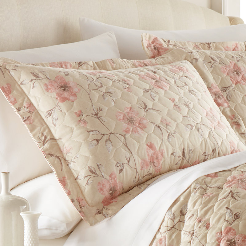 Ensemble de courtepointe 3 pièces en coton à motif floral Southshore Fine Linens Mystic Garden Soft Sand, format King/California King, avec 2 taies d'oreiller King, satin 300 fils.