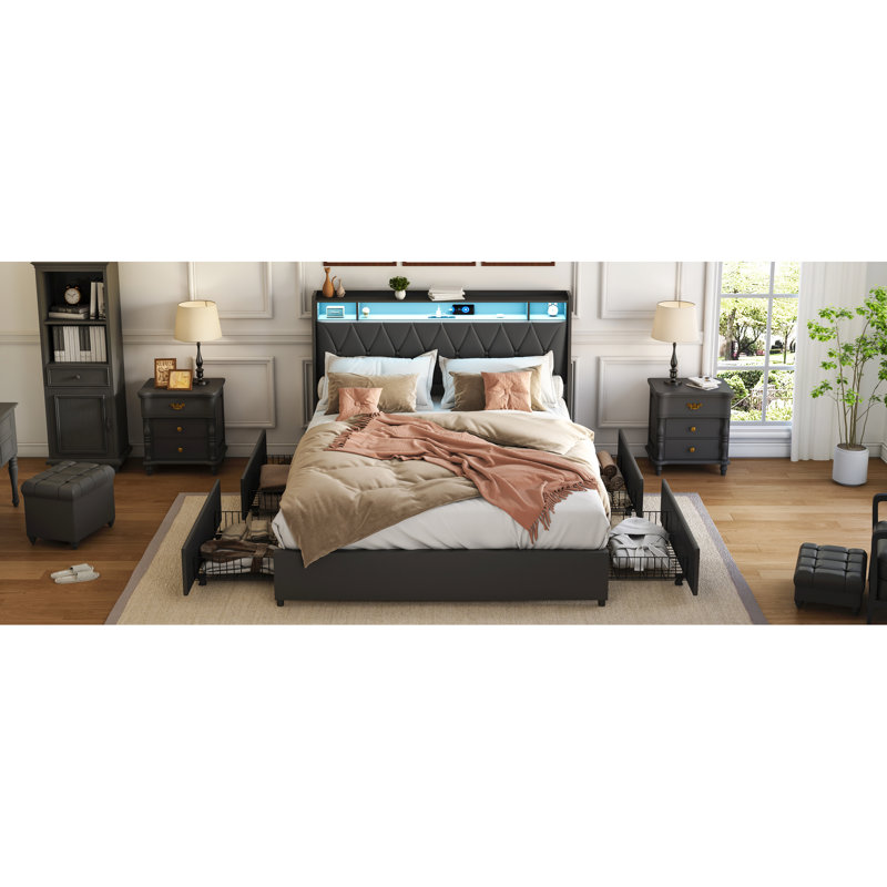 Structure de lit plateforme grand avec tête de lit ergonomique, prises encastrées, éclairage à DEL, tablette de rangement, matériau métallique, bruit, revêtement en similicuir, aucun sommier tapissier requis, cuir noir,