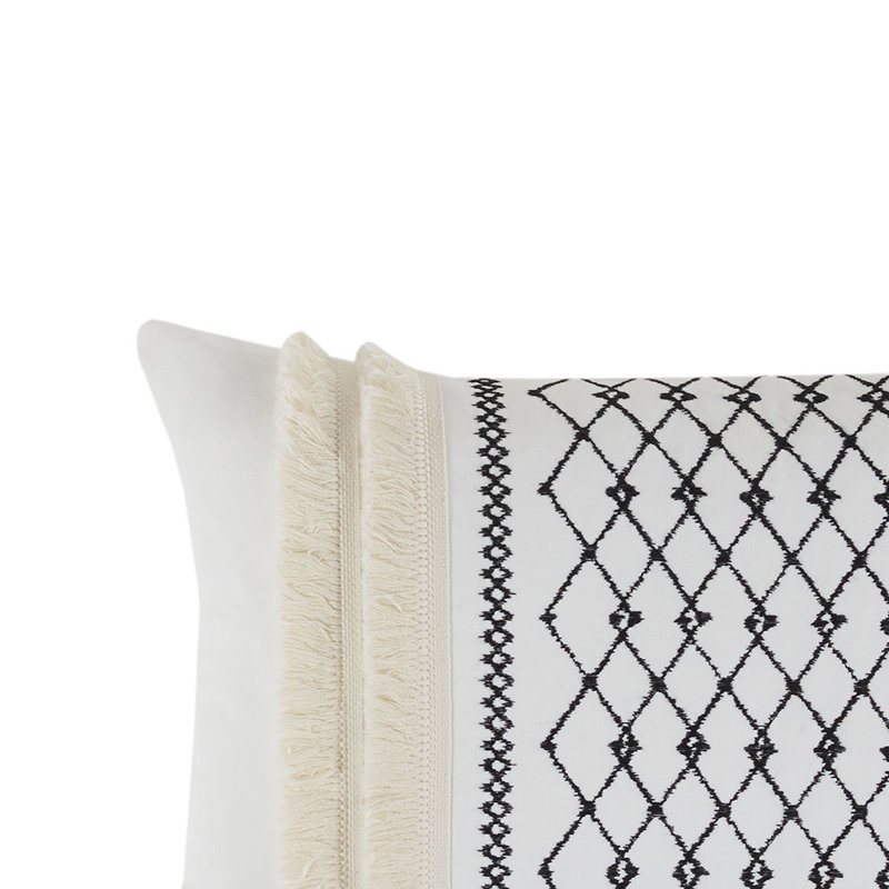 Ivory Geometric Embroidered Cotton Oblong Pillow with Tassels