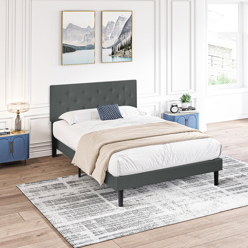 Lit plateforme tapissier simple gris foncé, tête de lit moderne en lin, aucun sommier nécessaire, support à lattes en bois, assemblage sans effort, structure de lit avec poids maximal de 300 lb et tissu